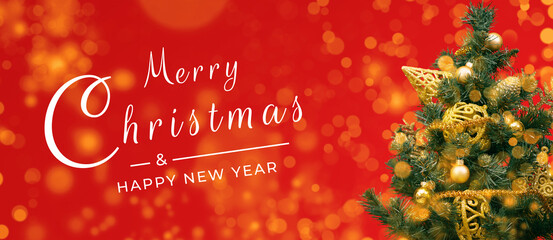 Merry Christmas postcard banner, decorations on red background