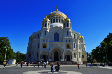 Fototapeta na wymiar The Naval Cathedral and the square in front of it in Kronstadt on the Kotlin Island. Russia Saint Petersburg 08/17/2020
