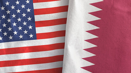 Qatar and United States two flags textile cloth 3D rendering