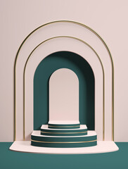 3d render, abstract geometric background, stairs, fashion podium, mock up, blank template, minimalistic empty showcase, primitive arch shapes, art deco shop display, pastel colors
