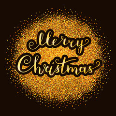 Lettering "Merry Christmas". Golden glittering texture. New Year, Christmas banner. Vector illustration EPS 10