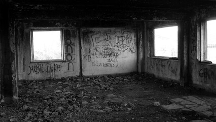 Fototapeta na wymiar Black and white photos. Abandoned former places of residence village in the North of Russia the time of year is summer.