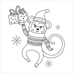 Vector black and white monkey in hat and scarf with gift box and snowflakes. Cute winter animal line illustration with present in hands. Funny Christmas card design. New Year print template.