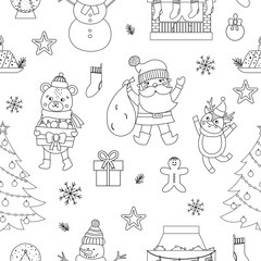 Vector black and white seamless pattern with Christmas elements, Santa Claus in red hat with sack, deer, fir tree, presents. Cute funny line New Year repeating background..