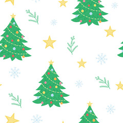 Vector seamless pattern with Christmas elements. Cute simple funny flat style New Year repeating background with fir tree, star, snowflake..