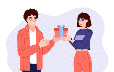 Man and woman exchanging gifts. Friends presenting gifts and wish each other merry christmas. Flat hand-drawn characters.