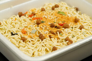 instant noodles with spicy close up, angled macro shot
