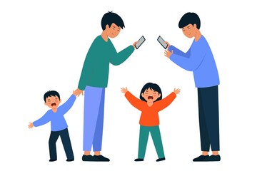 Two guys with gadgets are oblivious to the kids. Ignore children.