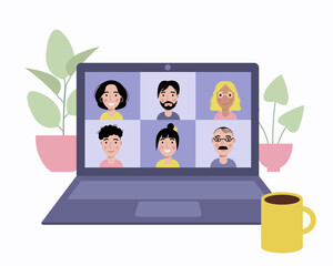 Conference video call, working from home. Computer desktop with group of colleagues or friends. People talking to each other on the computer screen. Vector illustration, flat style. 