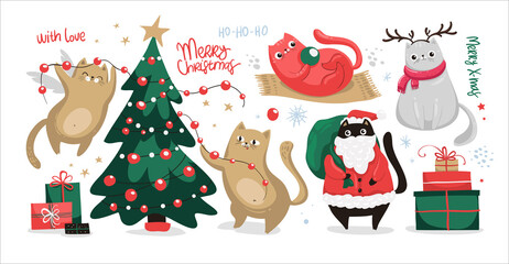 Christmas set of elements with cats, christmas tree, gifts, santa claus, hand drawn lettering.