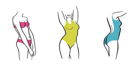 Silhouettes of beautiful women in swimsuit. Line art female figure in bikini. Vector illustration. 