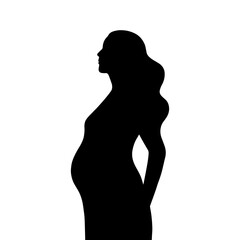 Black hand drawn silhouette of pregnant woman with curly t hair. Vector illustration