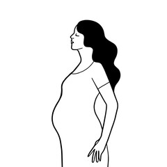 Black hand drawn silhouette of pregnant woman with curly t hair. Vector illustration