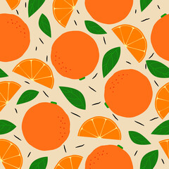 Seamless background with oranges, orange slices and leafs. Summer, New Year tropical pattern. Decorative print for wrapping paper, fabric, background, wallpaper.