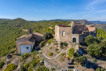 Castellar castle and church of San Miguel in Aguilar de Segarra from the 9th century, province of Barcelona, Catalonia Spain.