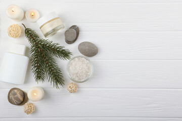 spa composition on the table and Christmas accessories. Relaxation care products. Skin care