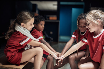 Kids motivating themselves before the match. Children team sport
