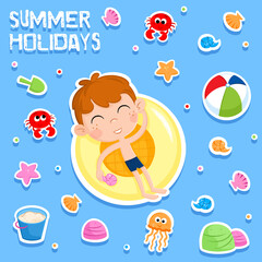 Cute little boy and Summer holidays - Cartoon illustration suitable for summer party invitations, greeting cards, kids party card template... - Isolated