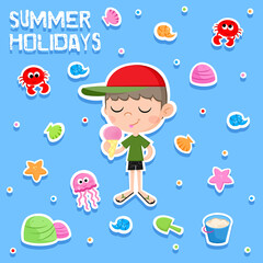 Cute little boy and ice cream - Summer time -Cartoon illustration suitable for summer party invitations, greeting cards, party card template - Isolated beach party elements