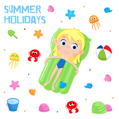 Sweet little girl and Summer time - Beach party - Cartoon illustration suitable for summer party invitations, greeting cards, kids party card template - Isolated on the white background