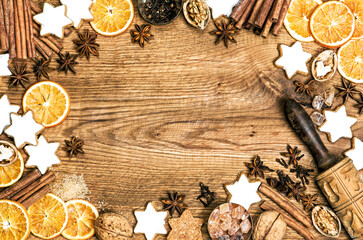 Christmas food background Cookies spices wooden table