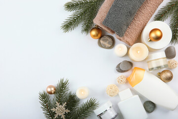 spa composition on the table and Christmas accessories. Relaxation care products. Skin care