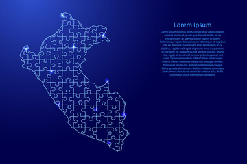 Peru map from puzzles blue line and glowing space stars parts mosaic grid. Vector illustration.