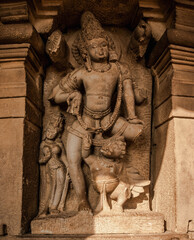 sculpture of Vishnu at the Durga temple located in Aihole in Karnataka, India.