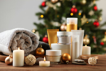 spa composition on the table and Christmas accessories. Relaxation care products. Skin care