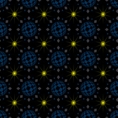 Fototapeta na wymiar blue balloons with yellow stars on black background