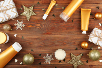 set of cosmetics and Christmas decor. A gift for birthday or new year. A set of care cosmetics for body, face or hair