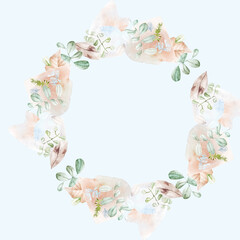 watercolor frame. hand drawn foliage, branches, mosses, watercolor splashes. great for floral poster,  decorative card or invitation background design, printing products