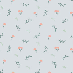 Vector illustration seamless pattern. Cute minimalistic images. Doodle twigs and flowers in pastel colors. Background decoration.