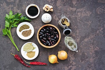 Ingredients for making red bean lobio. Georgian cuisine. Recipes for vegetarians.