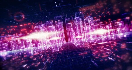 Aerial city flight animation. 3D futuristic skyscrapers with digital numbers. Business and technology related 4K 3D animation.