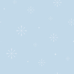 Fototapeta na wymiar Vector illustration seamless pattern. Minimalistic white snowflakes on a blue background. Winter and Christmas decoration for fabrics and wrapping paper.