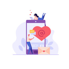 Concept of online dating, virtual love and distance relationship. Young couple of man and woman meeting online. Vector illustration in flat design, can use for landing page, template, ui, web