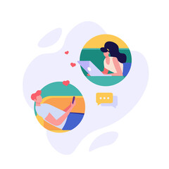 Concept of online dating, virtual love and distance relationship. Young couple of man and woman meeting online. Vector illustration in flat design, can use for landing page, template, ui, web