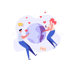 Concept of online dating, virtual love and distance relationship. Young couple of man and woman meeting online. Vector illustration in flat design, can use for landing page, template, ui, web