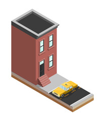 Yellow cab banner isometric. Online navigation application order taxi service. Isometry car building isometric route banner. 3D taxi classic vehicle itinerary road. Get a taxi online phone application