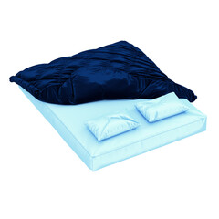 Mattress with two pillows and a blue blanket with folds on a white background. 3d rendering.