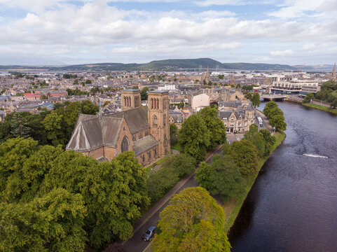 Aerial view of a church and the river Ness in Inverness