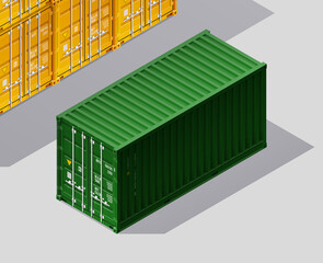 3D Isometric shipping cargo 20 ft container with closed doors. Large metal containers for transportation. Delivery of cargo shipping. illustration