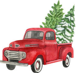 Christmas red retro truck with Christmas tree. Watercolor holiday illustration. Perfect for your Christmas and New Year project, invitations, greeting cards, wallpapers