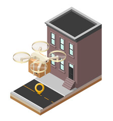 Drone delivery post box above road near home. Quadcopter flying over route house down town and carrying cargo package to customer. 3d isometric icon