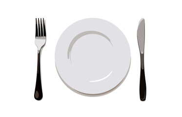 Dinner plate, knife and fork on white background. Isolated vector objects collection.