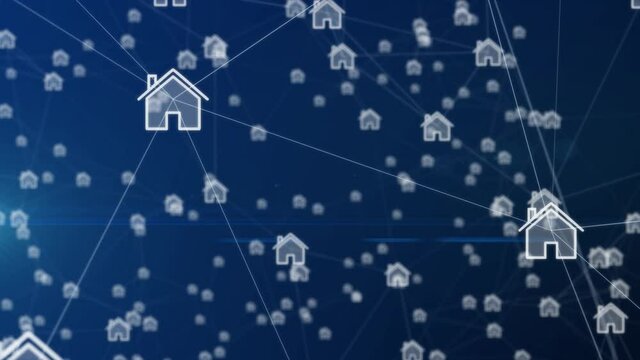 Lots of animated house icons that are connected to a global network to exchange information. Concept of smart city and wireless communication network, abstract plexus image visual.