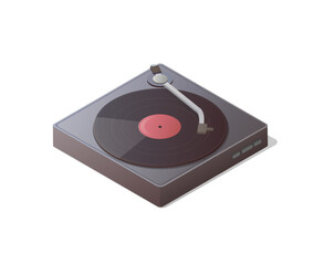 Old school music. Classic vinyl disc player. Vector isometric illustration. Isolated on white background.