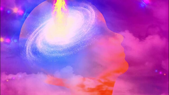 Head silhouette with fire and galaxy in the sky