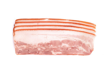 uncooked smoked pork bacon on a white background
